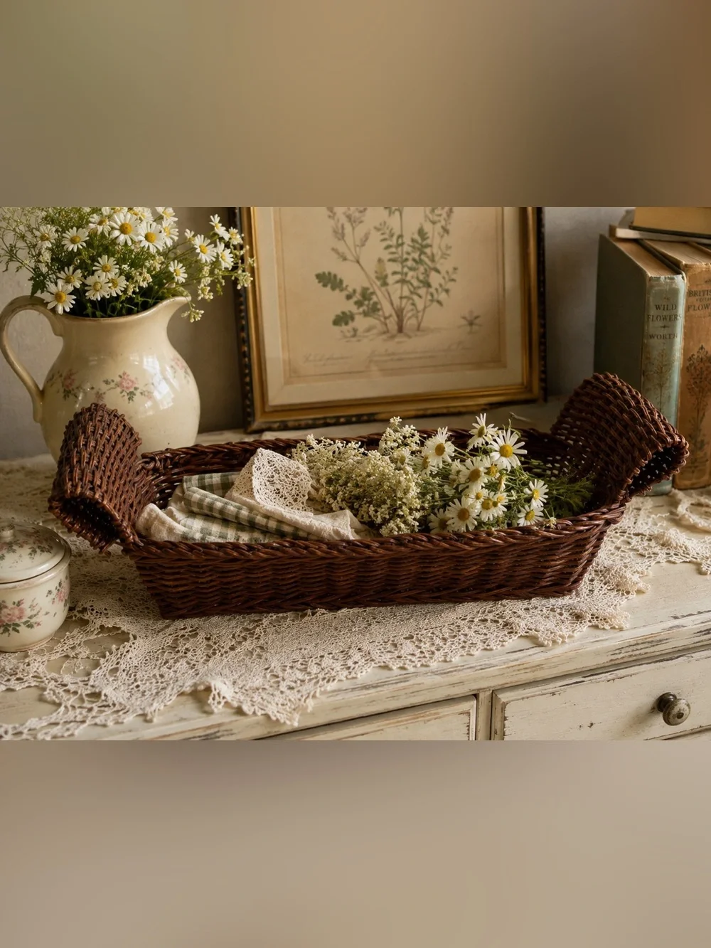 Vintage Wicker Basket Tray Long Rectangular Rustic Farmhouse Cottagecore Boho